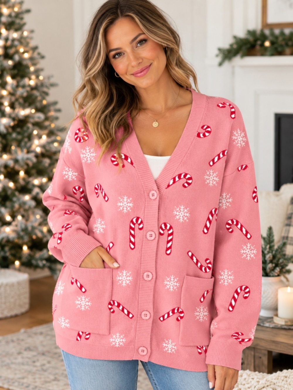 Pink Candy Cane & Snowflake Christmas Cardigan 🎄